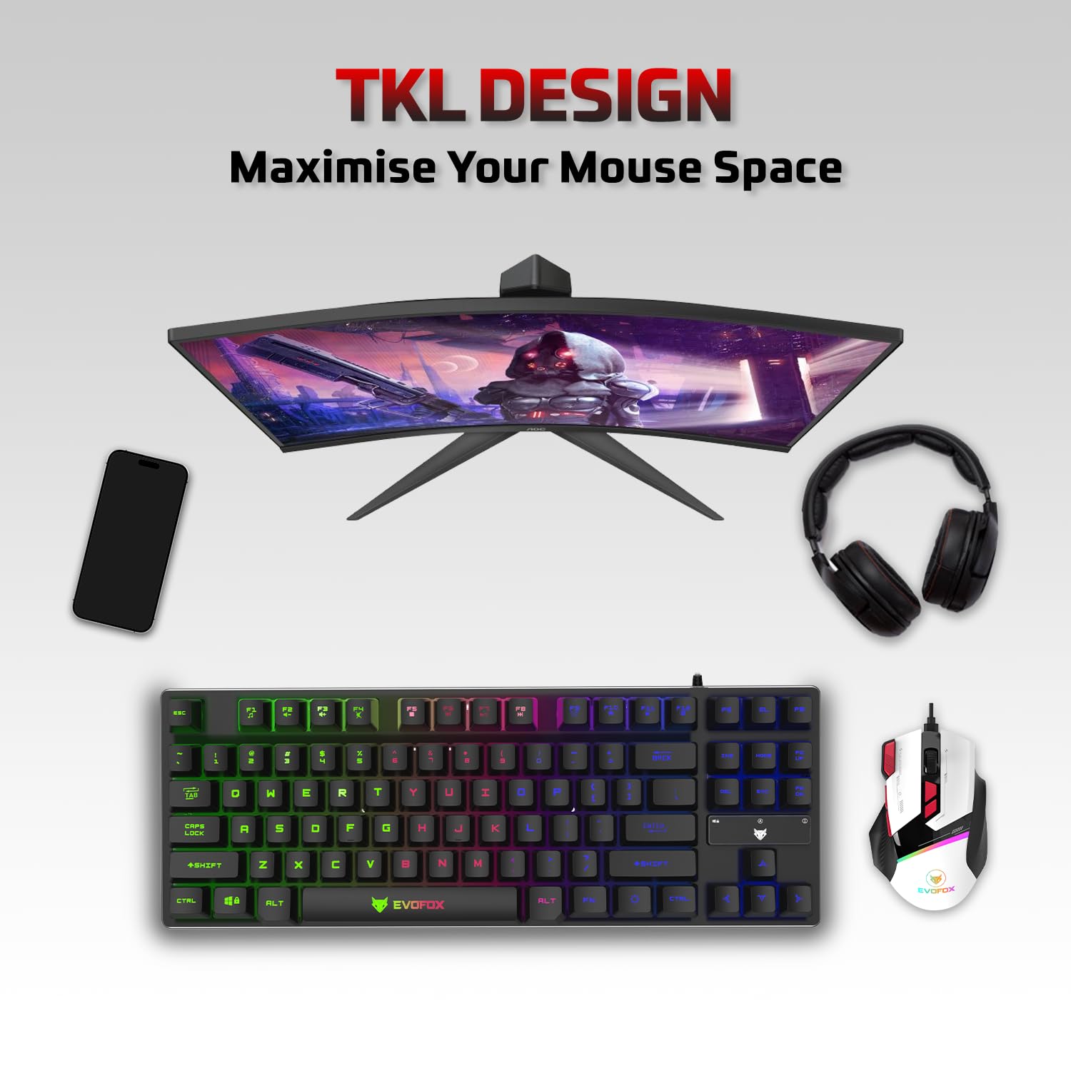 EvoFox Fireblade TKL Semi-Mechanical Gaming Keyboard with Rainbow Backlit& Breathing Effect, Floating Keycaps, 19 Anti-Ghosting & 12 Multimedia Keys, Windows Lock Key, Braided Cable (Black) - Image 4