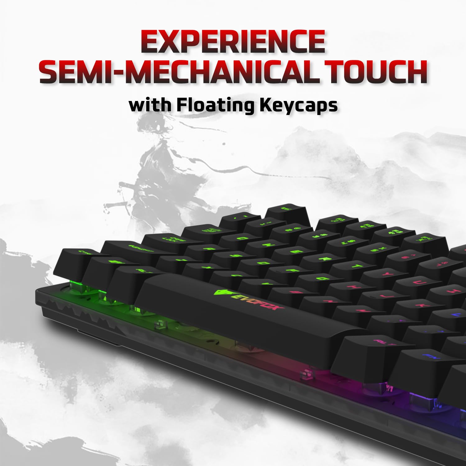 EvoFox Fireblade TKL Semi-Mechanical Gaming Keyboard with Rainbow Backlit& Breathing Effect, Floating Keycaps, 19 Anti-Ghosting & 12 Multimedia Keys, Windows Lock Key, Braided Cable (Black) - Image 3