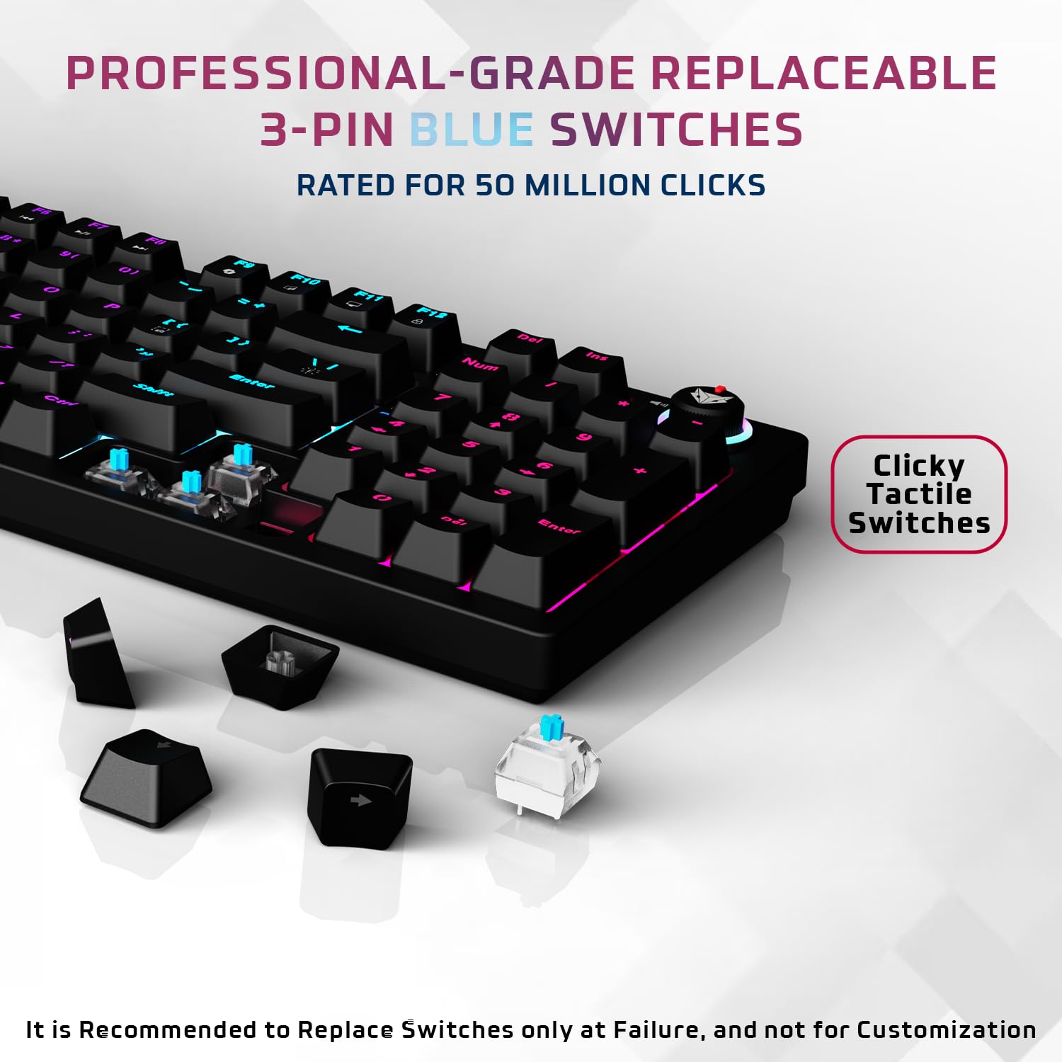 EvoFox Katana X2 FS Mechanical Gaming Keyboard | 3‑Pin Replaceable Clicky Blue Switches, Dynamic Backlighting, All Keys Anti‑Ghosting, Volume Knob, Copilot, Xbox Gamebar, Screenshot & More (Black) - Image 3