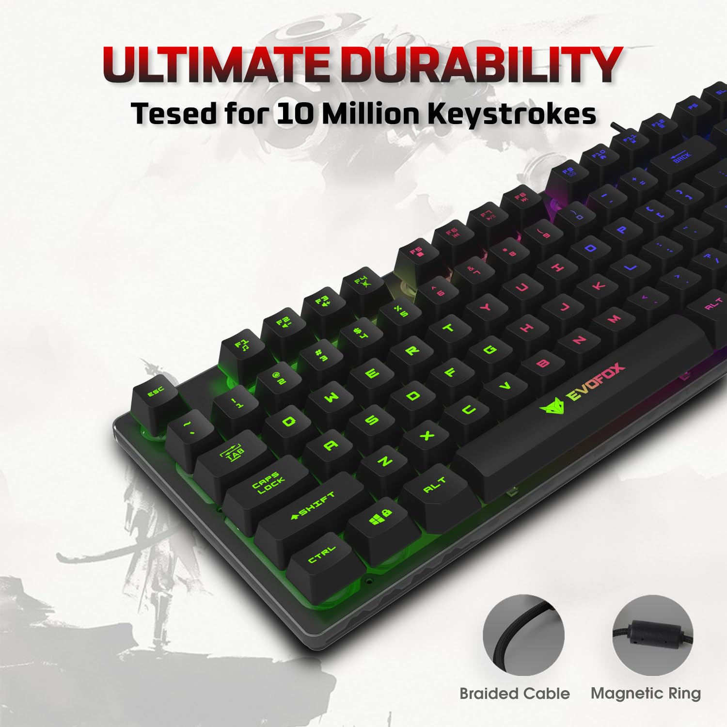 EvoFox Fireblade TKL Semi-Mechanical Gaming Keyboard with Rainbow Backlit& Breathing Effect, Floating Keycaps, 19 Anti-Ghosting & 12 Multimedia Keys, Windows Lock Key, Braided Cable (Black) - Image 6