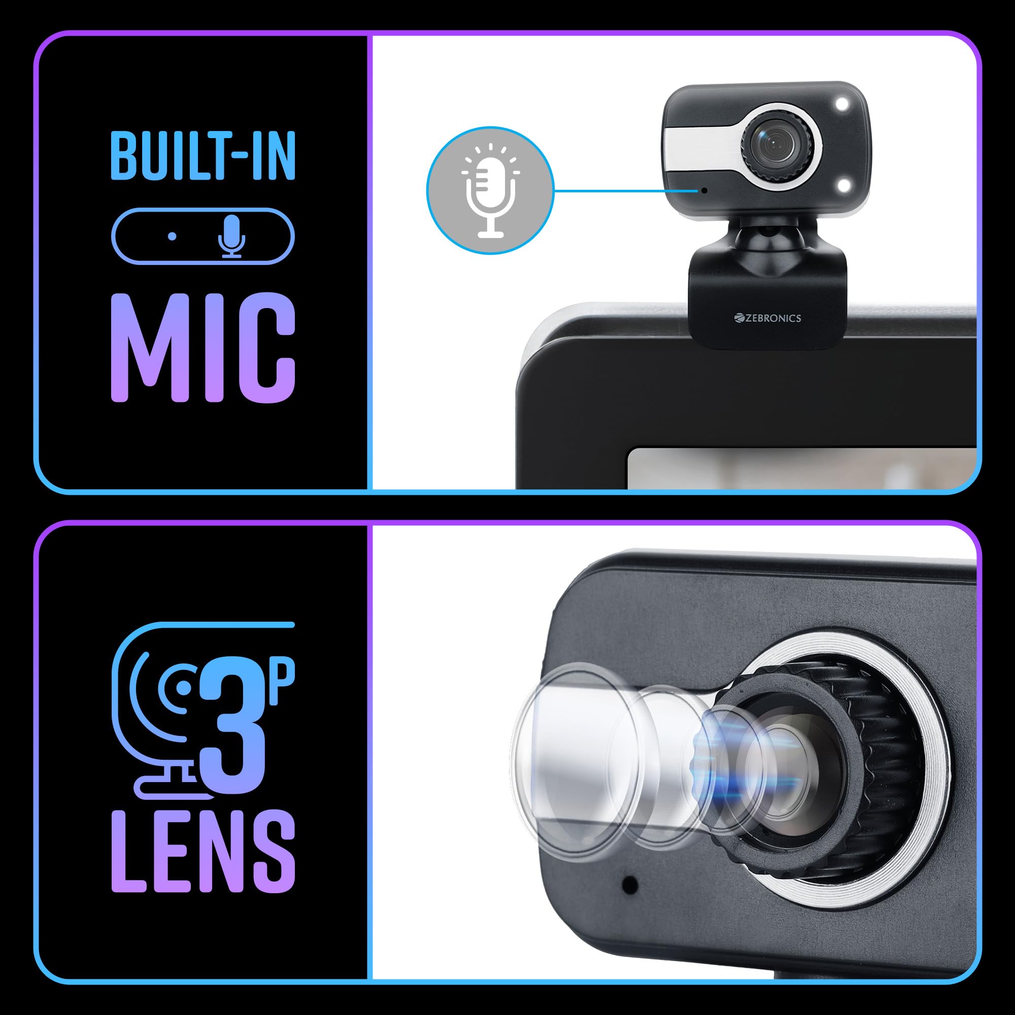 Zebronics Zeb-Crystal Clear Web Camera, 0.3 MP with USB with 3P Lens,Built-in Microphone,Auto White Balance,Night Vision and Manual Switch for LED (Black) - Image 8