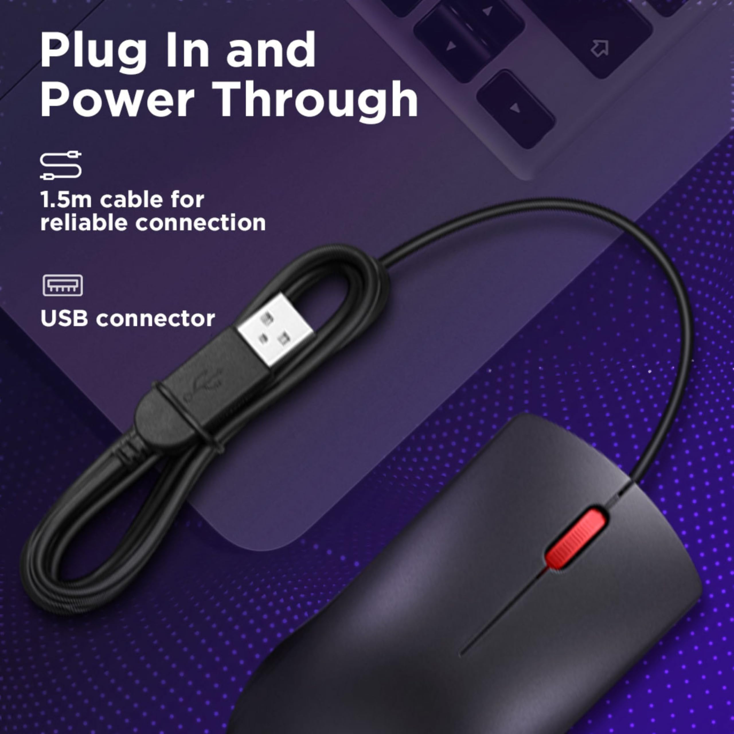 Lenovo 120 Wired Plug & Play USB Mouse, High Resolution 1600 DPI Optical Sensor, 3-Button Design with clickable Scroll Wheel, Ambidextrous, Ergonomic Mouse for Comfortable All-Day Grip (GY51L52636) - Image 3