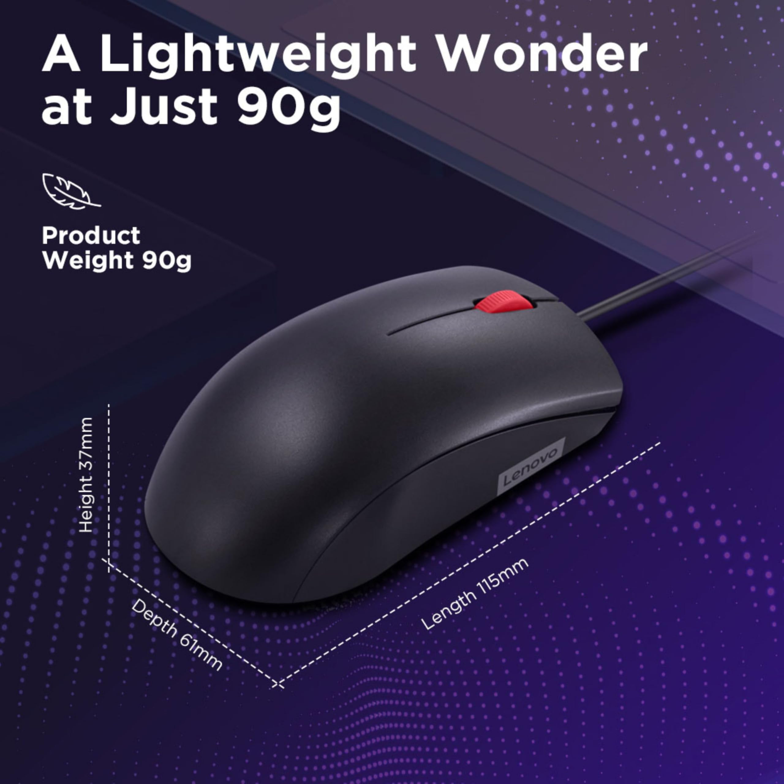 Lenovo 120 Wired Plug & Play USB Mouse, High Resolution 1600 DPI Optical Sensor, 3-Button Design with clickable Scroll Wheel, Ambidextrous, Ergonomic Mouse for Comfortable All-Day Grip (GY51L52636) - Image 4
