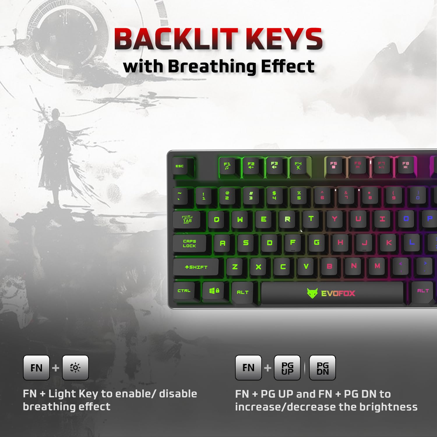 EvoFox Fireblade TKL Semi-Mechanical Gaming Keyboard with Rainbow Backlit& Breathing Effect, Floating Keycaps, 19 Anti-Ghosting & 12 Multimedia Keys, Windows Lock Key, Braided Cable (Black) - Image 5