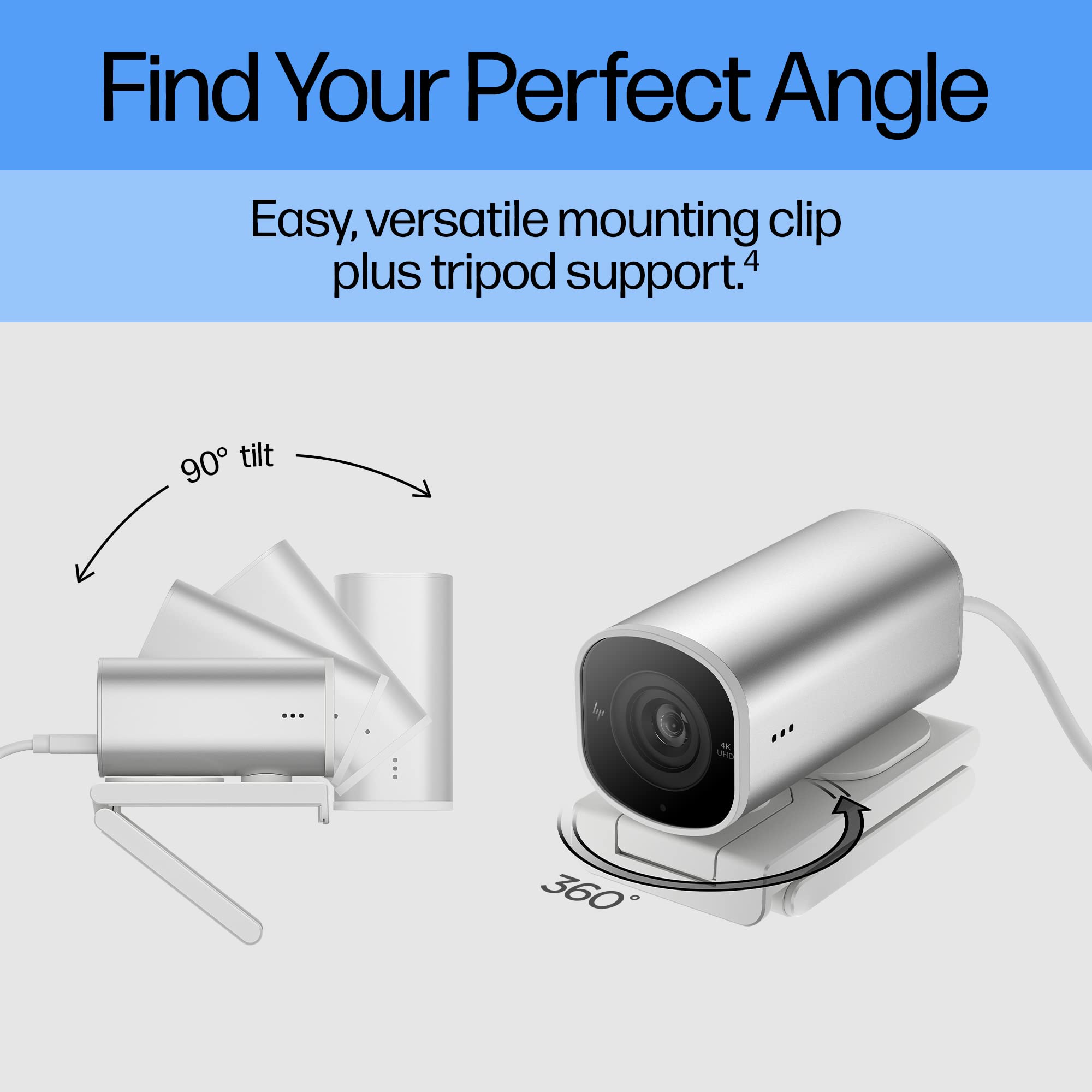 HP 960 4K Streaming Webcam, 4K 30fps or 1080p 60fps, STARMIS CMOS Sensor, 8MP, 100 deg Diagonal Field of View, autofocus, Dual mic, Universal mounting Clip, Tripod Mount, 360 deg Swivel, 90 deg tilt - Image 8