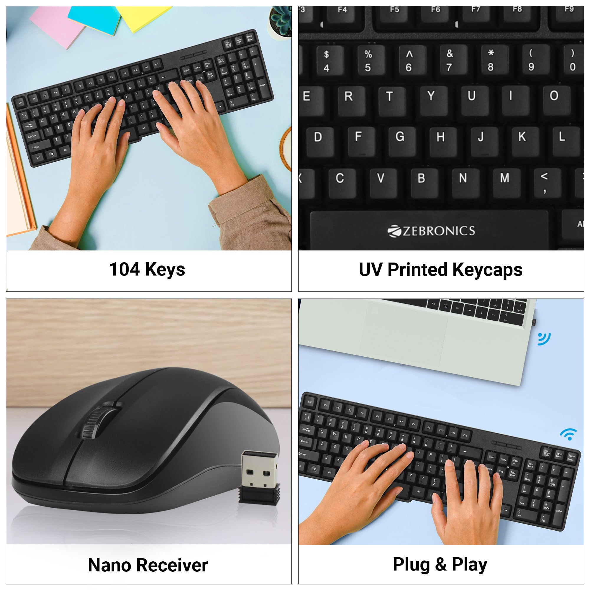 ZEBRONICS Companion 107 2.4GHz Wireless Keyboard & Mouse Combo, 104 Keys, UV Printed keycaps, 12 Integrated Multimedia Keys, 3 Button Mouse, 1200 DPI, High Precision, Advanced Optical Sensor (Black) - Image 8