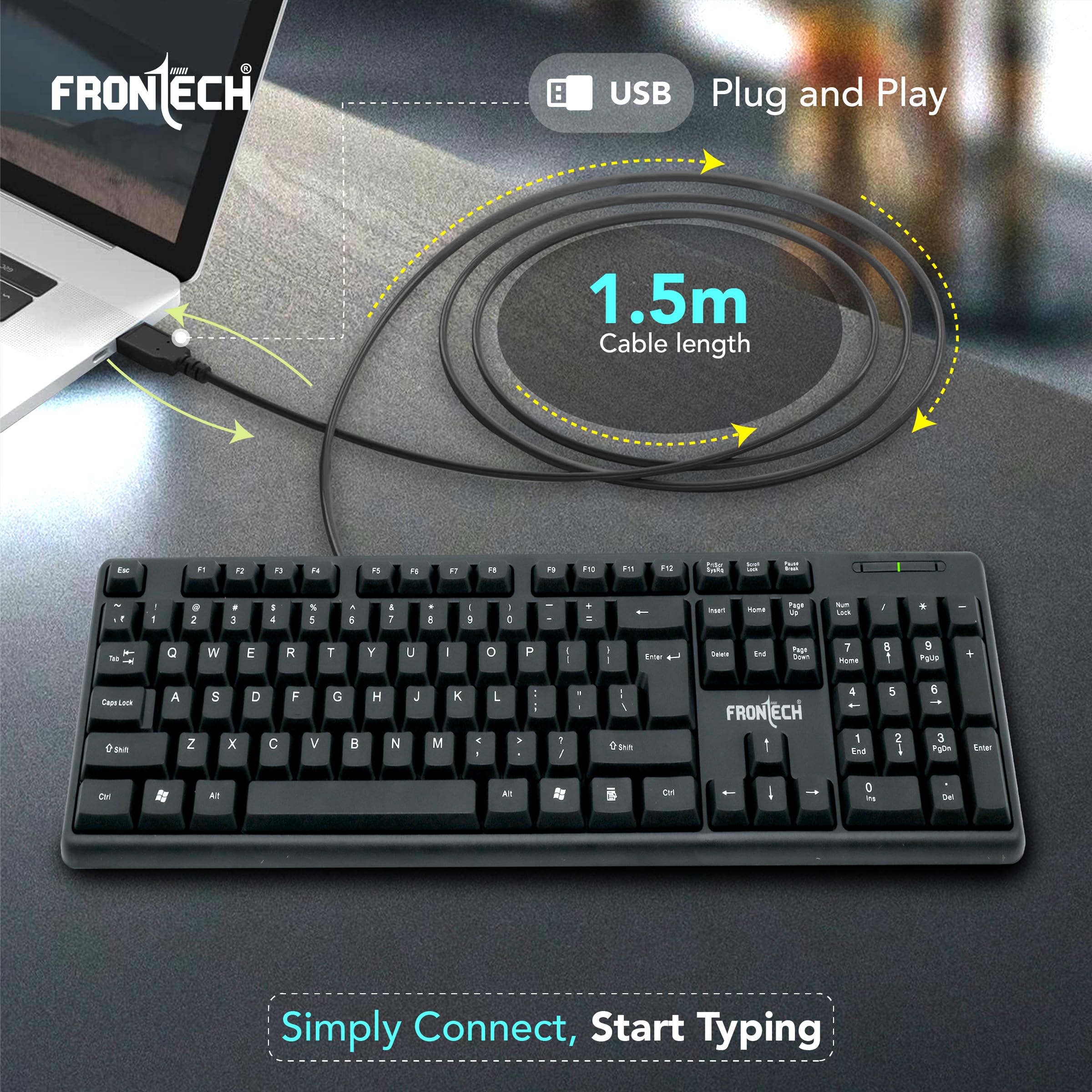 FRONTECH Wired Keyboard | Membrane Keys with Retractable Stands | USB Plug & Play | Ergonomic & Comfortable Design | 1 Year Warranty (FT-1672, Black) - Image 7